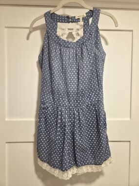 Monteau LA Chambray Blue Polka Dot Lace Keyhole Back Romper Size S